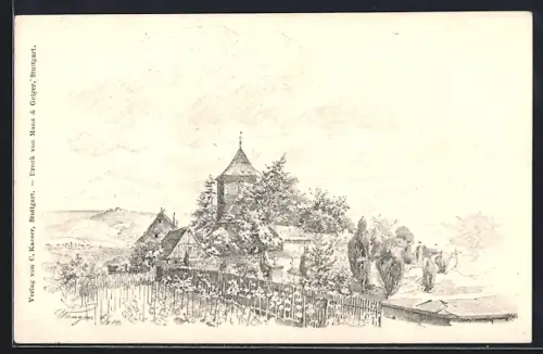 Künstler-AK Wangen / Stuttgart, Blick auf Kirche