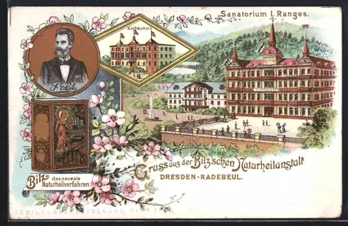 Lithographie Radebeul, Bilz`sche Naturheilanstalt, Kurhaus, Portrait