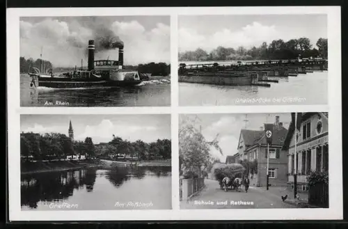 AK Greffern, Rheinbrücke, Am Rhein, Schule und Rathaus mit 