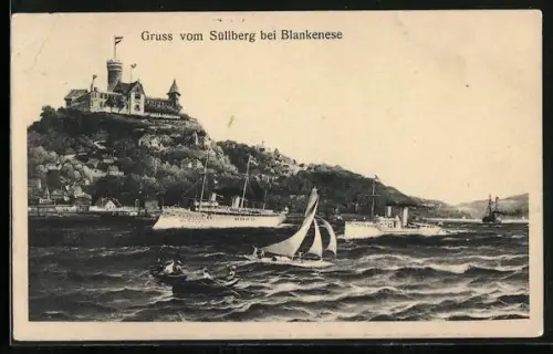 AK Hamburg-Blankenese, Süllberg, Dampfer, Segelboote, Elbansicht