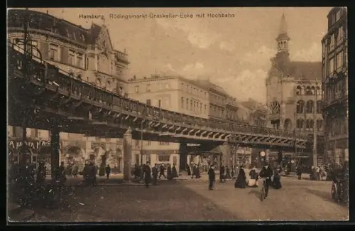 AK Hamburg, Rödingsmarkt-Graskeller-Ecke, Hochbahn