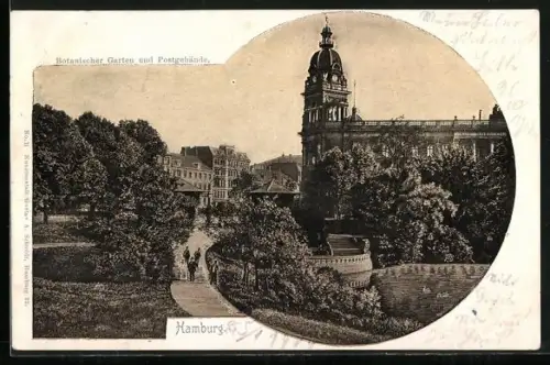 Lithographie Hamburg, Botanischer Garten, Postgebäude