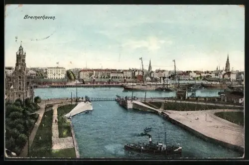 AK Bremerhaven, Hafen, Schleuse, Stadtansicht