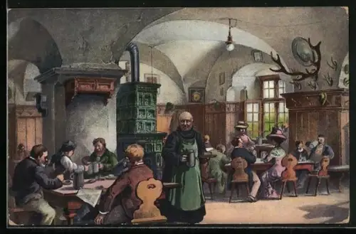 AK Andechs, Restaurant Bräustüberl Kloster Andechs, Wirtsstube, Gäste, Bedienstete