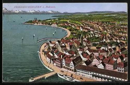 AK Friedrichshafen a. Bodensee, Uferpromenade, Hafen, Stadtansicht