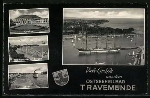 AK Travemünde, Segelschiff Passat, Casino, Promenade mit Strand, Hafen