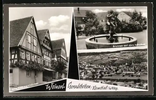 AK Geradstetten /Remstal, Alte Fachwerkhäuser, Brunnen auf dem Schulhof, Dorfansicht