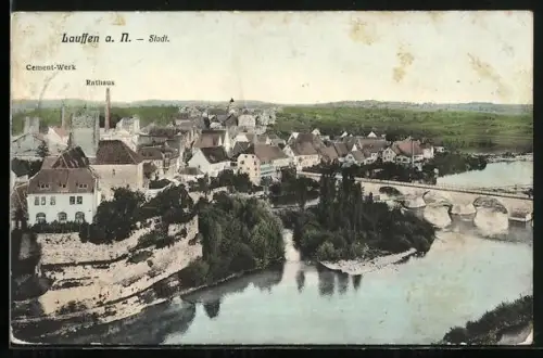 AK Lauffen a. N., Cement-Werk, Rathaus, Brücke