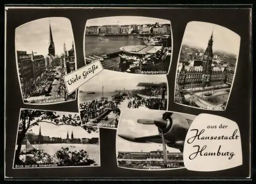AK Hamburg, Mönckebergstrasse mit Petrikirche, Alsterpavillon, Rathaus, St. Pauli Landungsbrücken, Flughafen