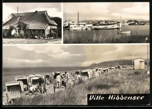 AK Vitte /Hiddensee, Blaue Scheune, Hafen, Strand mit Strandkörben