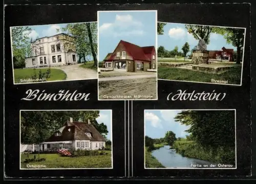 AK Bimöhlen /Holstein, Schullandheim, Gemischwaren Mählmann, Ehrenmal, Ortspartie, Partie an der Osterau