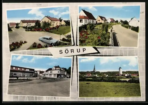 AK Sörup, Ortsansichten, Kirche, Wasserturm, Wohnhäuser