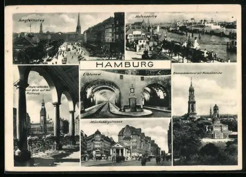 AK Hamburg, Jungfernstieg, Elbtunnel, Michaeliskirche