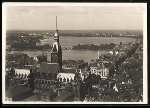 AK Hamburg, Rathaus, Binnen- und Aussenalster, Vogelschau