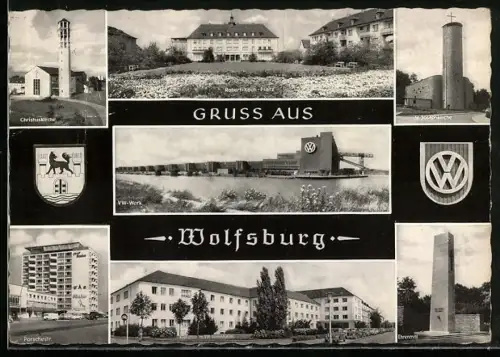 AK Wolfsburg, VW-Werk, Robert-Koch-Platz, Christuskirche, Stadtkirche, Porscheheim, Ehrenmal