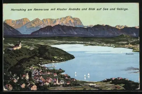 AK Herrsching am Ammersee, Kloster Andechs, Blick auf See und Gebirge