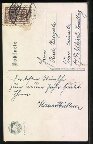 Künstler-AK Deutscher Schulverein Nr. 211: Schornsteinfeger mit Mistelzweig und Zigarette, Frohes Neujahr