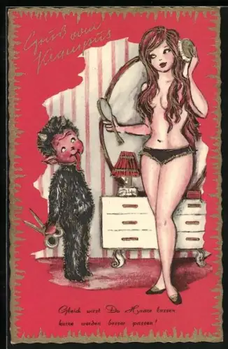Künstler-AK Krampus mit einer Schere in der Hand, Gleich wirst Du Haare lassen, kurze werden besser passen