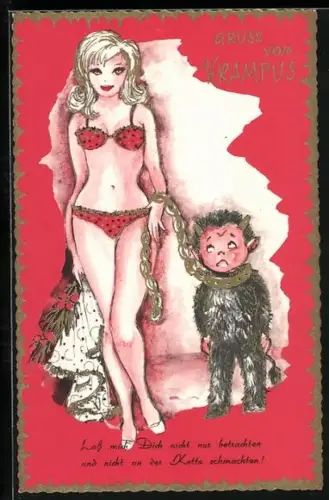 AK Krampus mit Eisenkette gefangen von einer Dame in Unterwäsche, Lass mich Dich nicht nur betrachten und nicht...