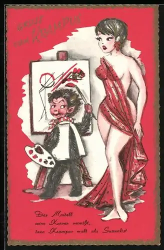 AK Krampus als Surrealist mit halbnackter Dame, Gruss vom Krampus