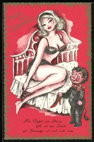 AK Krampus hält den Schuh einer Dame in Unterwäsche, Mit Äpfel und Nüssen füll'ich den Schuh...
