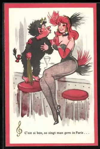 Künstler-AK Krampus versuch eine Frau zu küssen, C`est si bon, so singt man gern in Paris...