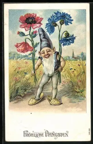 AK Zwerg mit Mohn und Kornblume am Feldrand, Fröhliche Pfingsten