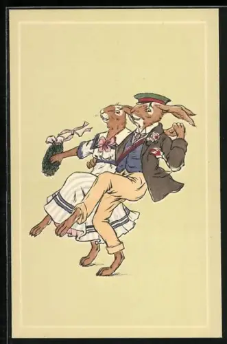 Künstler-AK Osterhase und Osterhäsin schwingen das Tanzbein