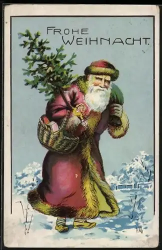 AK Weihnachtsmann geht mit Sack, Tannenbaum u. Geschenken durch d. Schnee