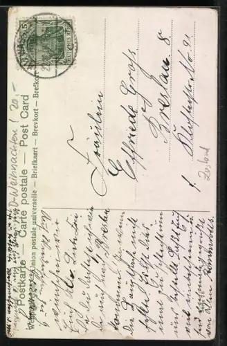 AK Weihnachtsmann geht mit Sack, Tannenbaum u. Geschenken durch d. Schnee