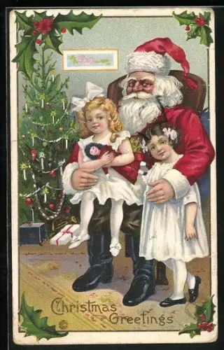 Präge-AK Weihnachtsmann im Sessel mit Kindern auf dem Schoss