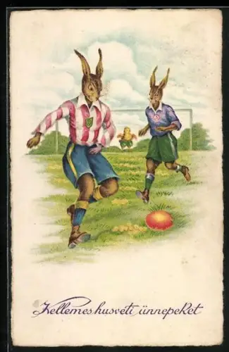 AK Osterhasen spielen Fussball mit Osterküken als Torwart