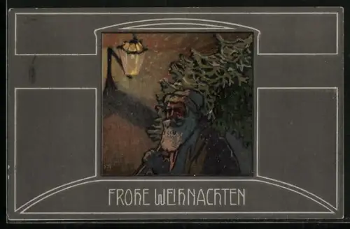 AK Weihnachtsmann trägt einen Tannenbaum auf der Schulter