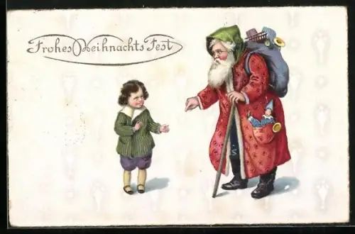 AK Weihnachtsmann mit Geschenken spricht mit kleinem Mädchen