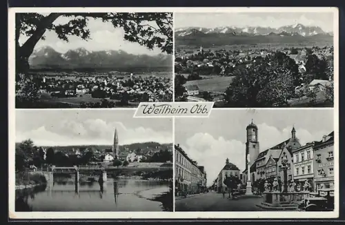AK Weilheim / Oberbayern, Platz mit Stadtpfarrkirche, Ortsansicht mit Blick zu den Alpen