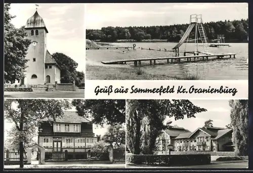 AK Sommerfeld / Kremmen, Partie an der Kirche, Kindergarten und Schwimmbad mit Rutsche