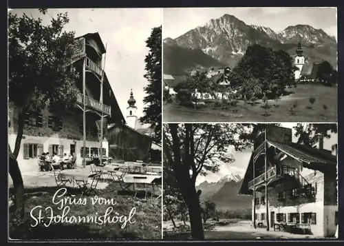AK Piding / St. Johannishögl, Gaststätte Johannishögl mit Watzmann und Ortschaft mit Staufengebirge