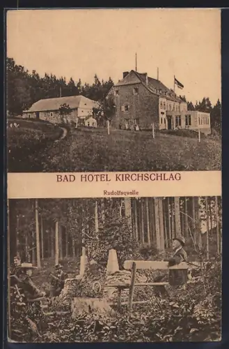 AK Kirchschlag bei Linz, Bad und Hotel, Die Rudolfsquelle mit Besuchern