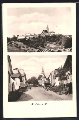 AK St. Peter a. W., Ortsansicht mit Umgebung, Blick auf die Kirche