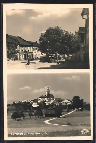 AK St. Peter am Wimberg, Ortspartie mit Brunnen, Ortsansicht