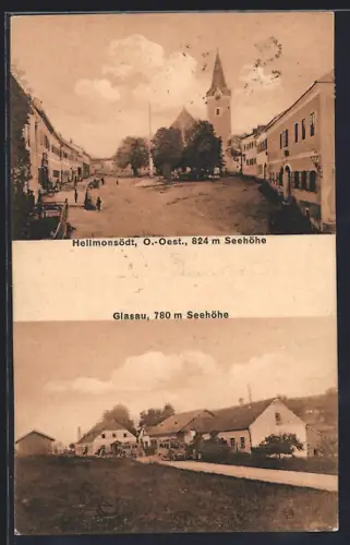 AK Hellmonsödt, Marktplatz mit Kirche und Glasau