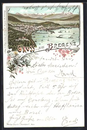 Lithographie Bregenz, Totalansicht mit Seeblick