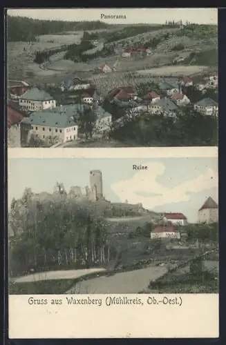 AK Waxenberg /Ob.-Oest., Ortsansicht mit Umgebung, Blick auf die Ruine