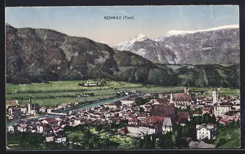 AK Schwaz /Tirol, Totalansicht mit Fluss und Bergpanorama