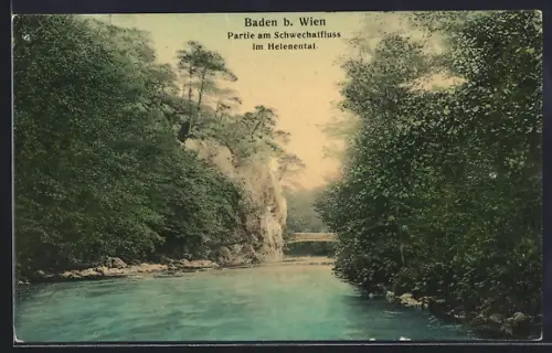 AK Baden bei Wien, Helenental, Partie am Schwechatfluss m. Brücke