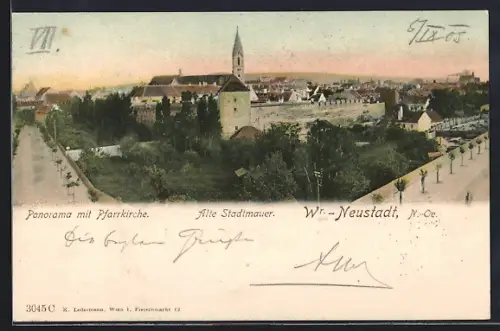 AK Wr.-Neustadt /N.-Oe., Panorama mit Pfarrkirche und alter Stadtmauer