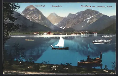AK Pertisau am Achensee, Ortsansicht mit Tristenkopf u. Sonnenjoch vom See aus
