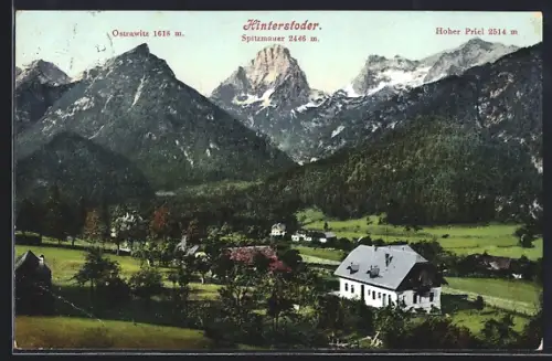 AK Hinterstoder, Ortsansicht mit Spitzmauer-Panorama aus der Vogelschau
