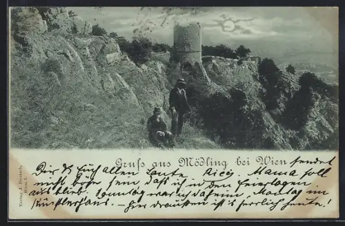Mondschein-AK Mödling bei Wien, Burgruine und Wanderer