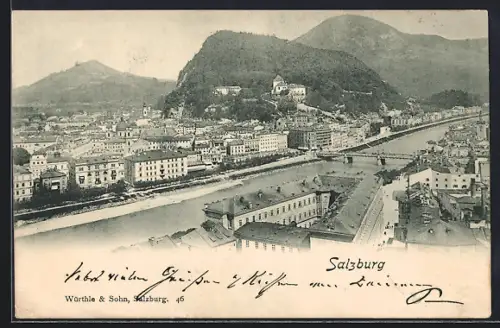 AK Salzburg, Totalansicht mit Brücke und Bergpanorama aus der Vogelschau
